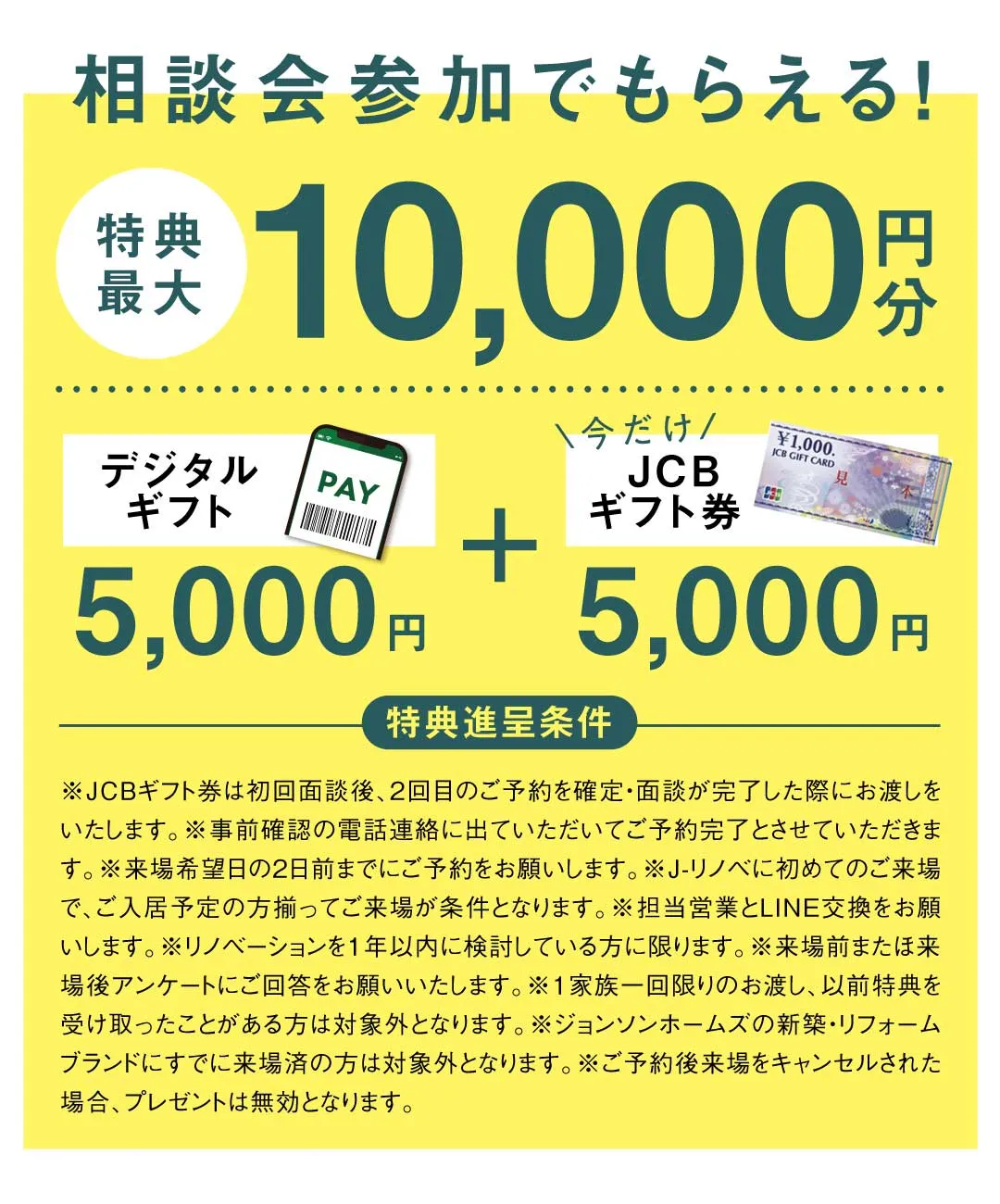 相談会参加でもらえる！特典最大10,000円分。デジタルギフト5,000円＋今だけ！JCBギフト券5,000円。特典進呈条件：JCBギフト券は初回面談後、2回目のご予約を確定・面談が完了した際にお渡しいたします。事前確認の電話連絡に出ていただいて予約完了とさせていただきます。来場希望日の2日前までにご予約をお願いします。J-リノベに初めてのご来場で、ご入居予定の方揃ってご来場が条件となります。担当営業とLINE交換をお願いします。リノベーションを1年以内に検討している方に限ります。来場前または来場後アンケートにご回答をお願いいたします。1家族一回限りのお渡し、以前特典を受け取ったことがある方は対象外となります。ジョンソンホームズの新築・リフォームブランドにすでに来場済の方は対象外となります。ご予約後来場をキャンセルされた場合、プレゼントは無効となります。